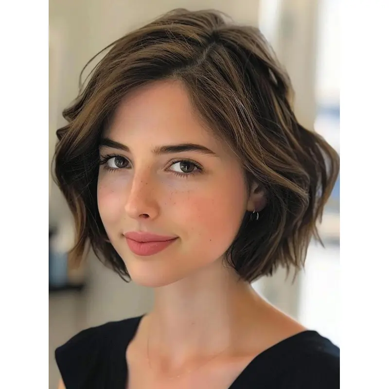 Brown Bob Wig Synthetic 10" Wavy Layered Wigs