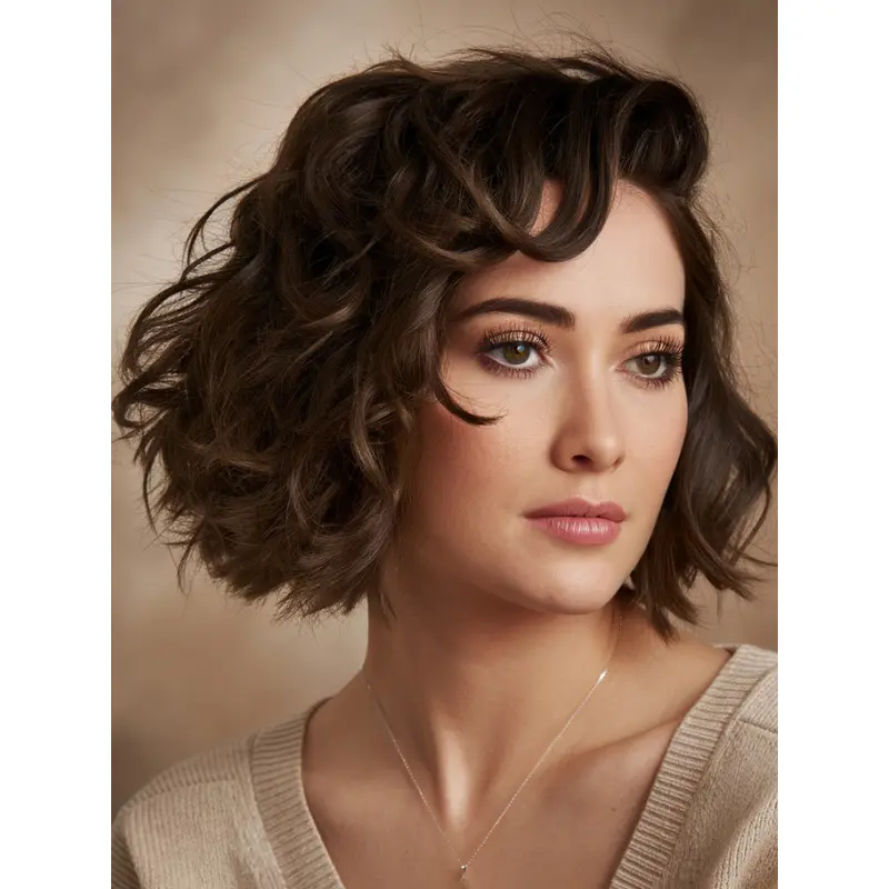 Brown Curly Medium Wig Synthetic Layered Lace Front 10" Chin Length Wigs