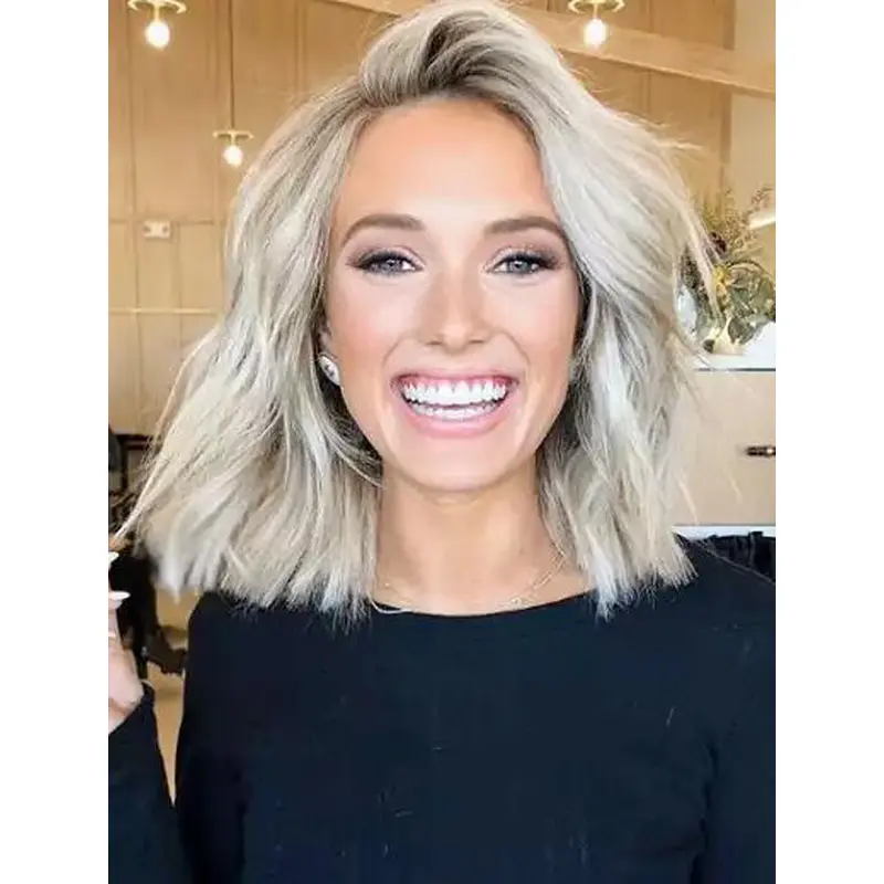 High Quality Wigs Blonde Synthetic Wavy Lace Front Blunt Collarbone Wigs