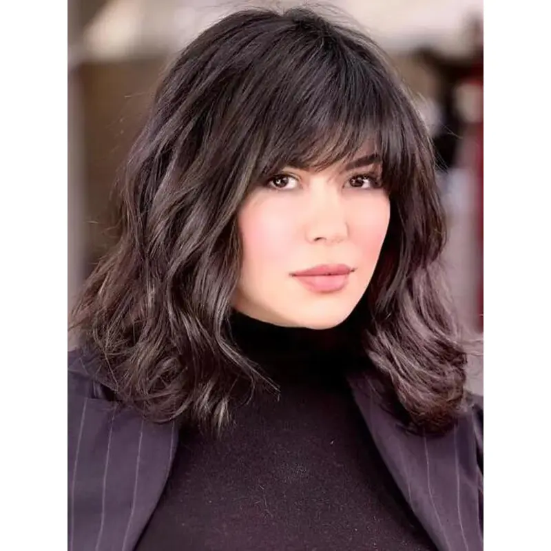 Lace Wig With Bangs Wavy Shoulder Length Brown Slightly Curly Wigs