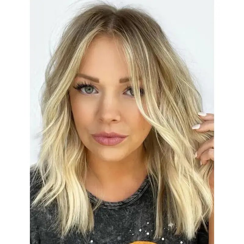 Long Wavy Blonde Wig Synthetic Lace Front Wavy 14" Center-Parted Messy Wigs