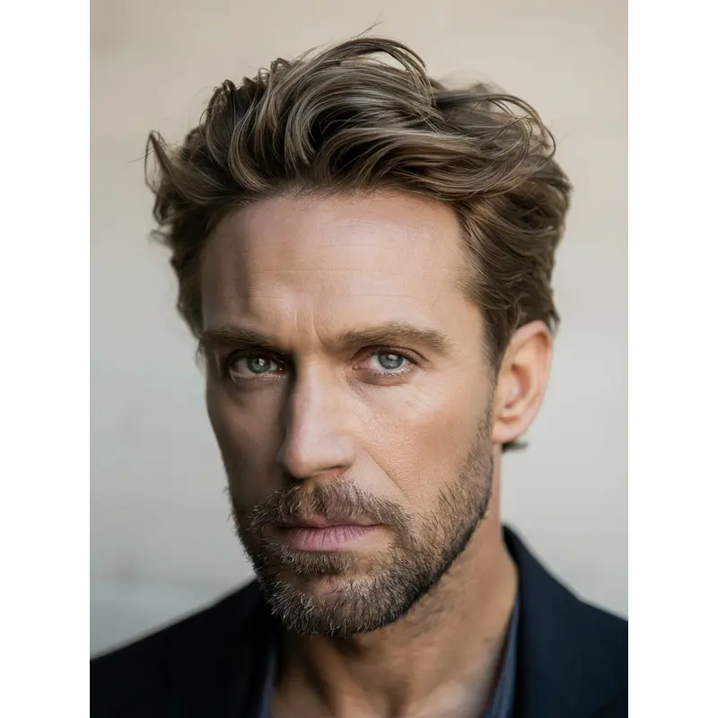 Real Hair Wigs For Men Brown Wavy Cropped Monofilament Wigs