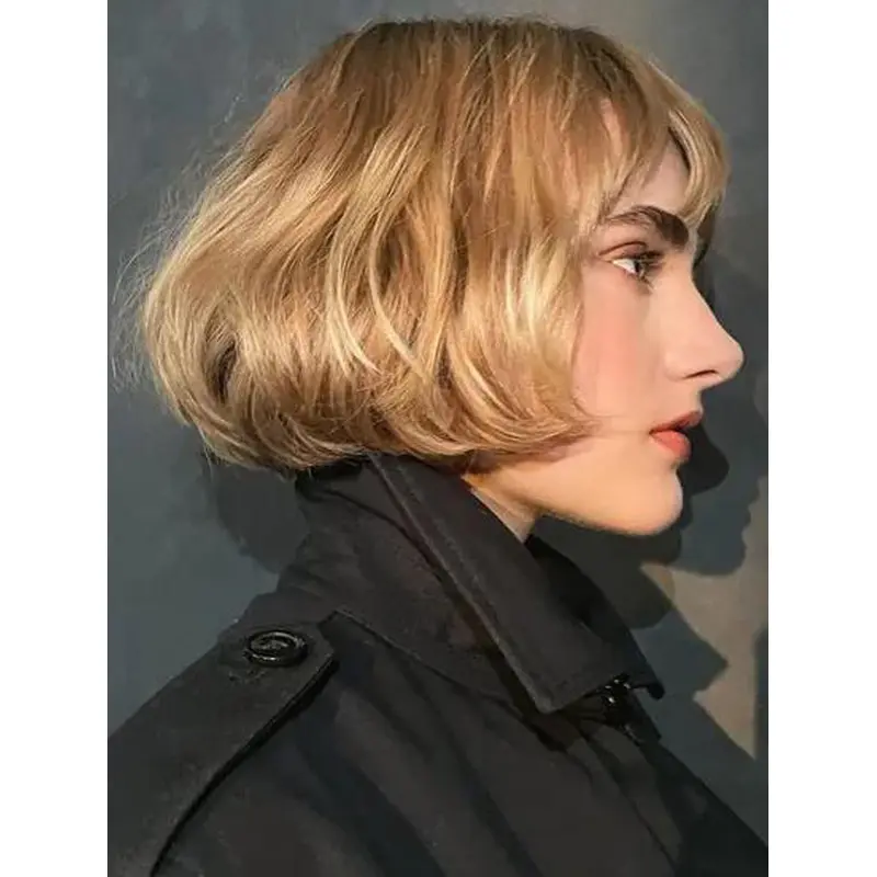 Short Ladies Wigs Lace Front Synthetic Wavy Blonde With Bangs French Bob Wigs