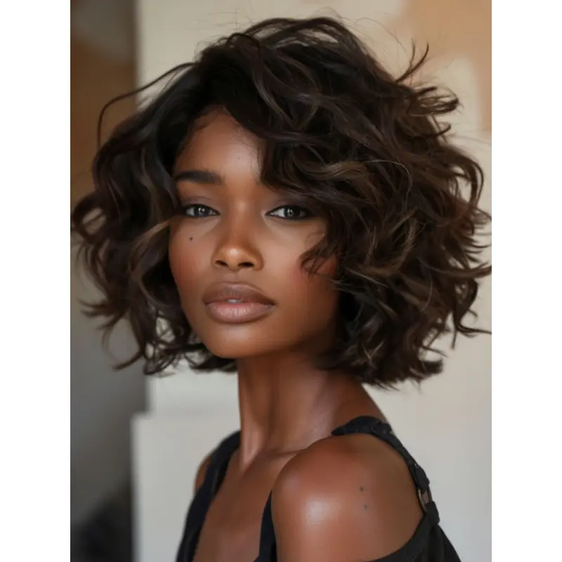 African American Human Hair Bob Wigs 10" Curly Brown Wigs