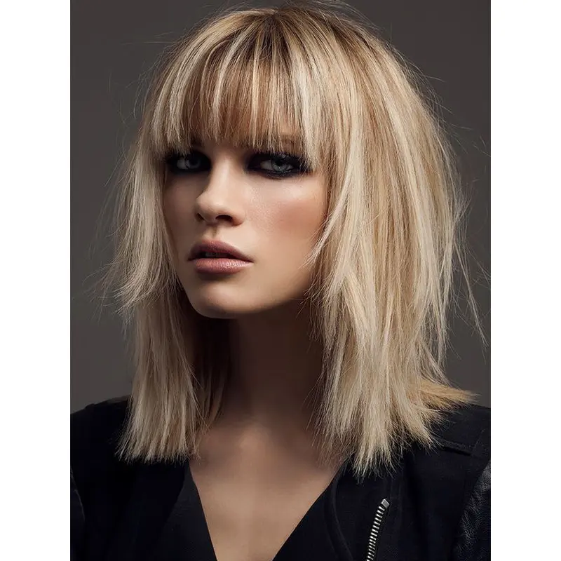 Long Bob Wigs Blonde 12" Shoulder Length With Bangs Wigs