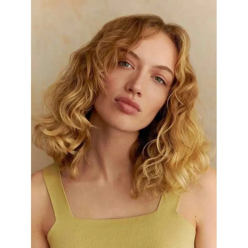 Wavy Blonde Wig Medium Length Lace Front Without Bangs 14" Remy Human Hair Wigs