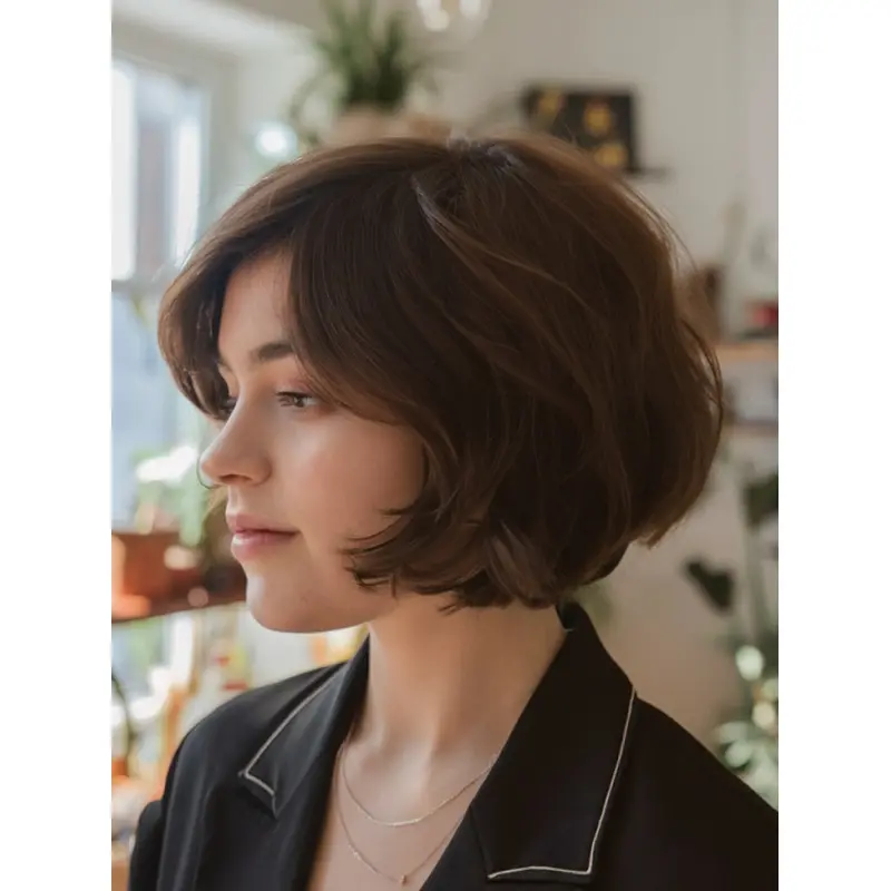 Wavy Bob Wig Brown Monofilament Remy Human Hair Chin Length 10" Wigs