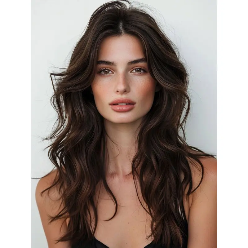 16" Monofilament Without Bangs Brown Long Human Hair Wigs
