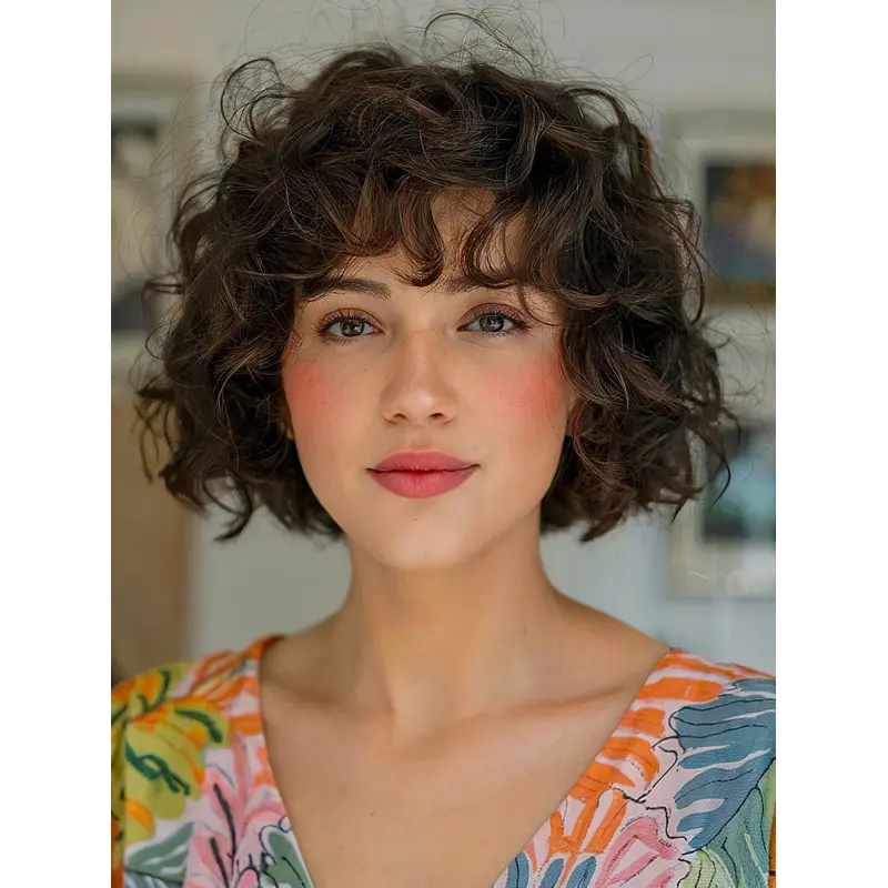 Dark Brown Bob Cut Wigs 10" Curly Synthetic Layered Wigs