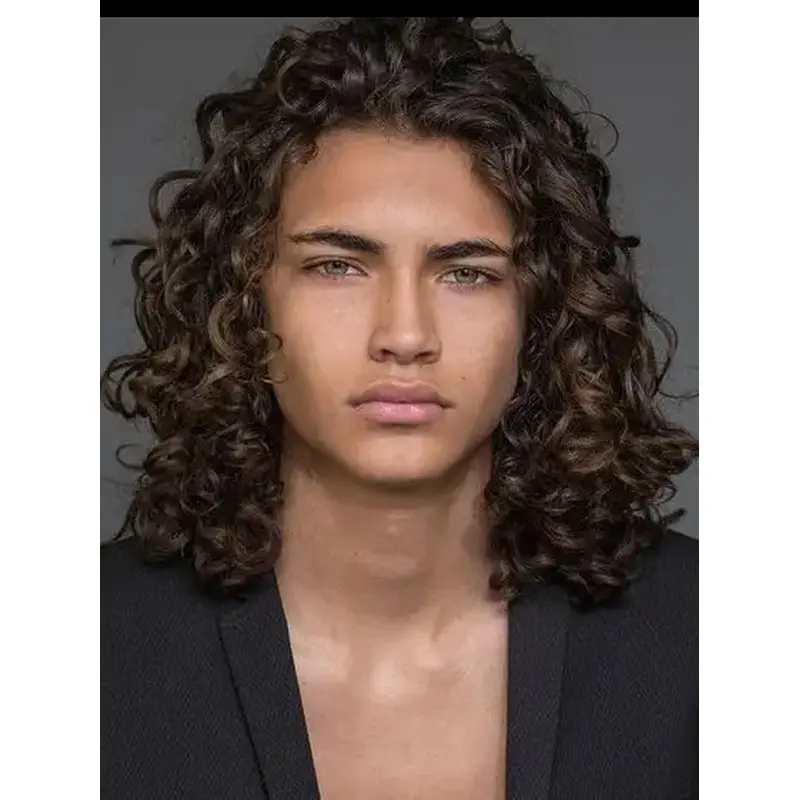 Long Haired Wigs For Men 16" Curly Brown Monofilament Wigs