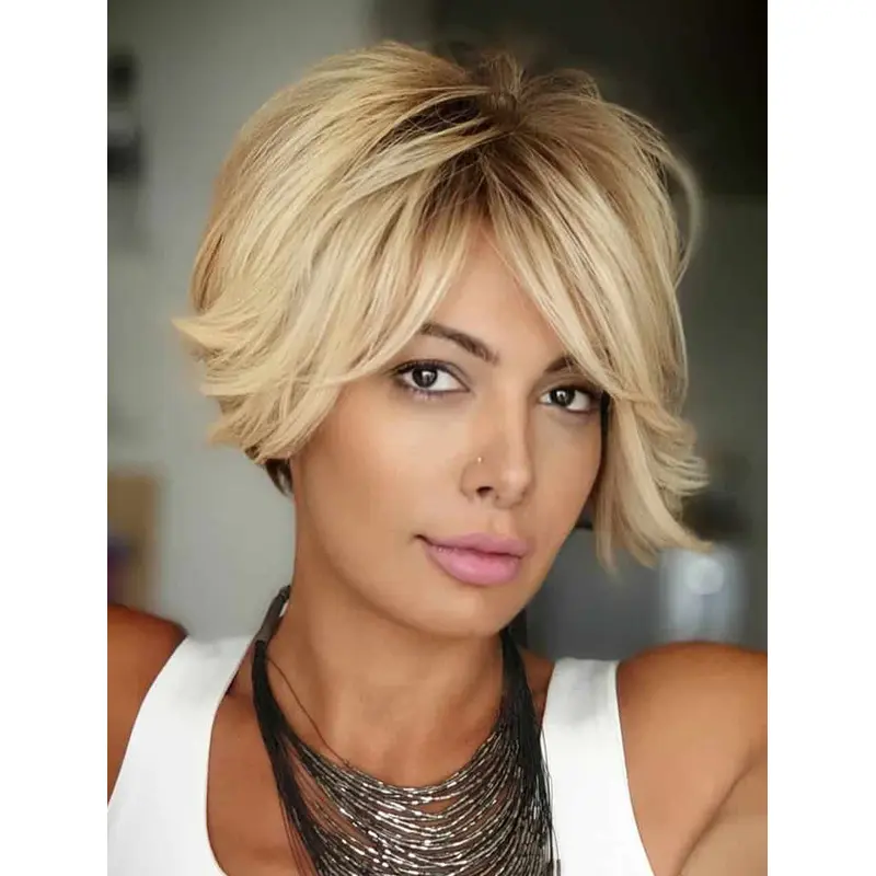Short Blonde Wig Perfect Wavy Synthetic Wigs Boycuts Lace Front Pixie Wigs