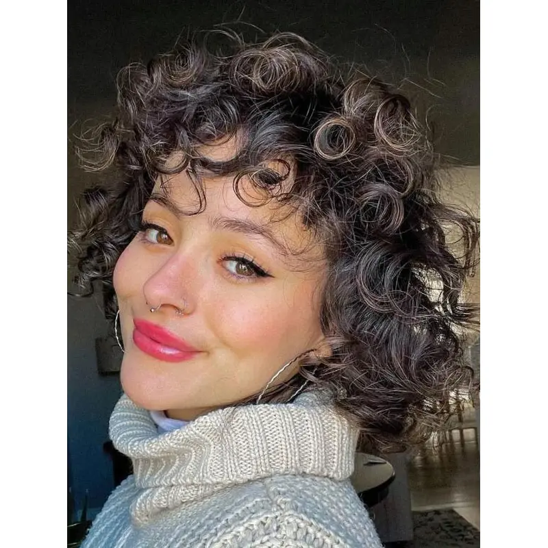 Brown Curly Wig Synthetic Shoulder Length Wigs With Bangs Shag Bob Wigs