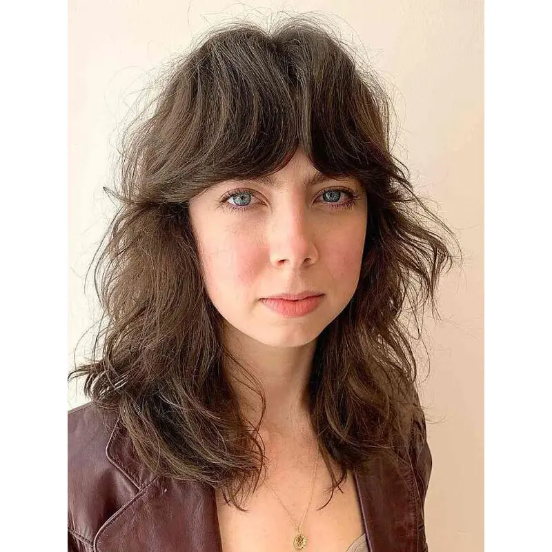 Brown Wavy Full Wig Lace Front Shoulder Length Synthetic With Bangs Shaggy Cut Wigs