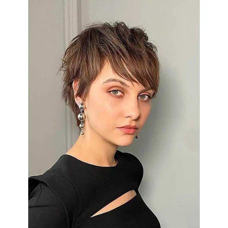 Ladies Wigs Short Styles Synthetic Boycuts Natural Lace Wigs Brown Short Wavy Wigs