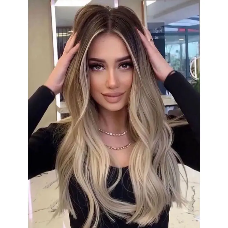 Long Brown Wigs Without Bangs Synthetic Wigs Lace Front Wavy Glueless Lace Wigs