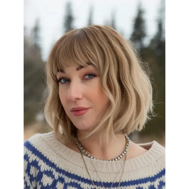 Blonde Bob Wig Real Hair Monofilament Wavy Chin Length 10" Wigs