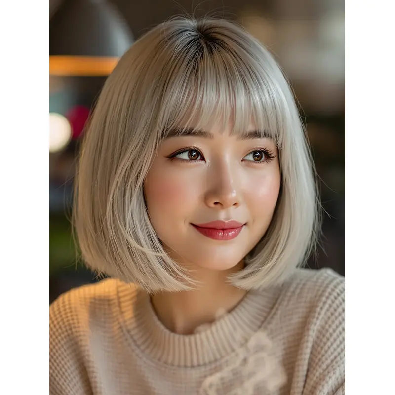 Blonde Wigs Bob 10" Straight Synthetic With Bangs Wigs