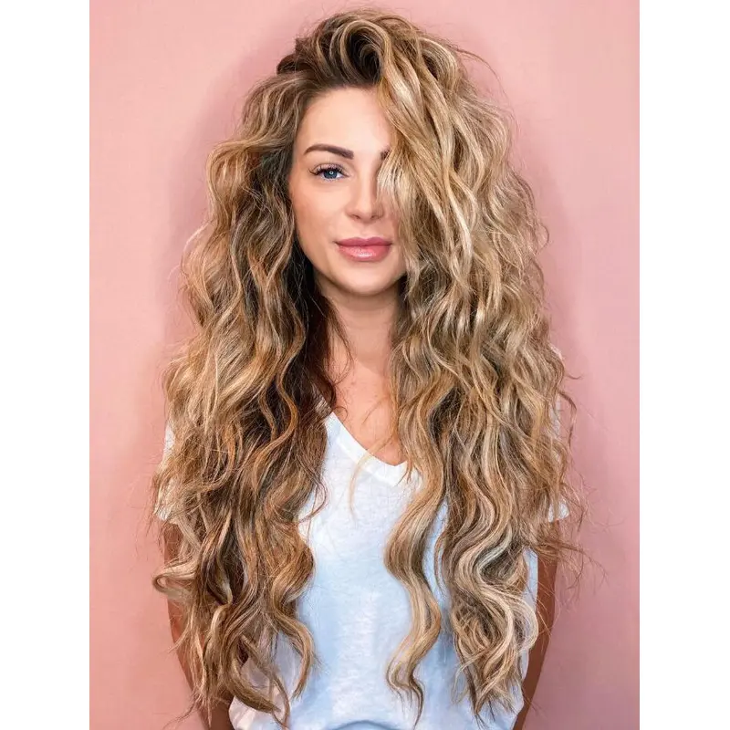 Long Blonde Curly Wig Lace Front Synthetic Voluminous Curls Wigs
