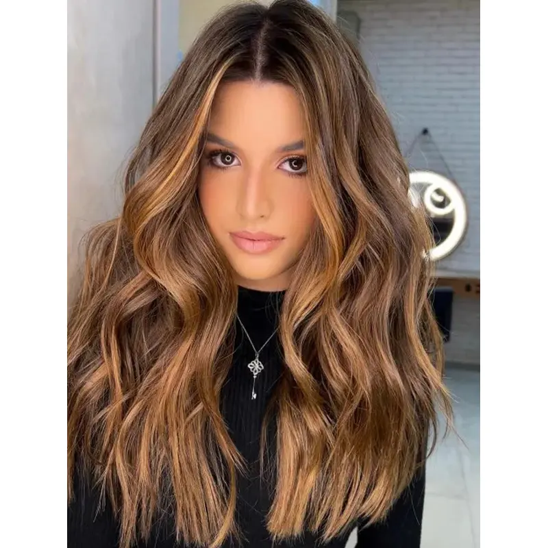 Long Brown Hair Wig Wavy Synthetic Lace Front Wig Designed Long Wigs