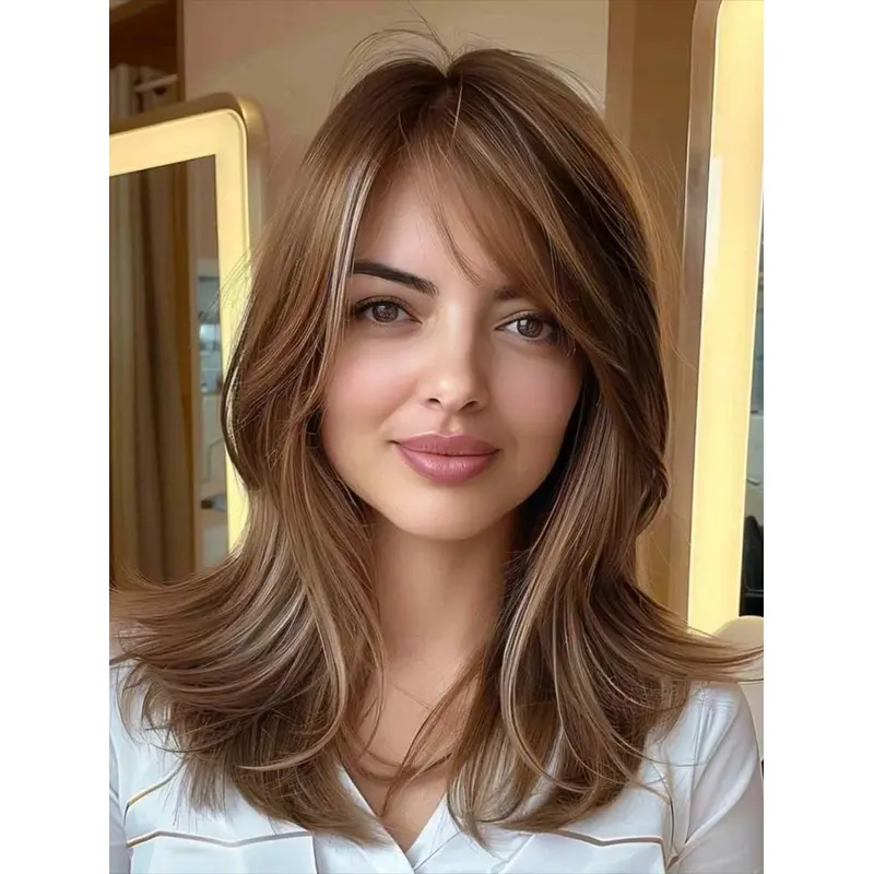 Long Hair Wigs With Bangs Synthetic 16" Wavy Monofilament Wigs