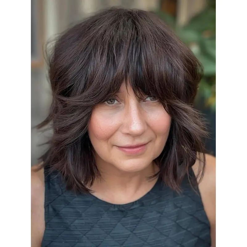 Medium Trendy Bob Wigs With Bangs Brown 12" Remy Human Hair Wigs