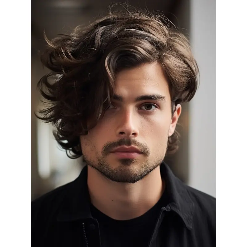 Mens Real Hair Wigs Brown Monofilament Short Wavy Wigs