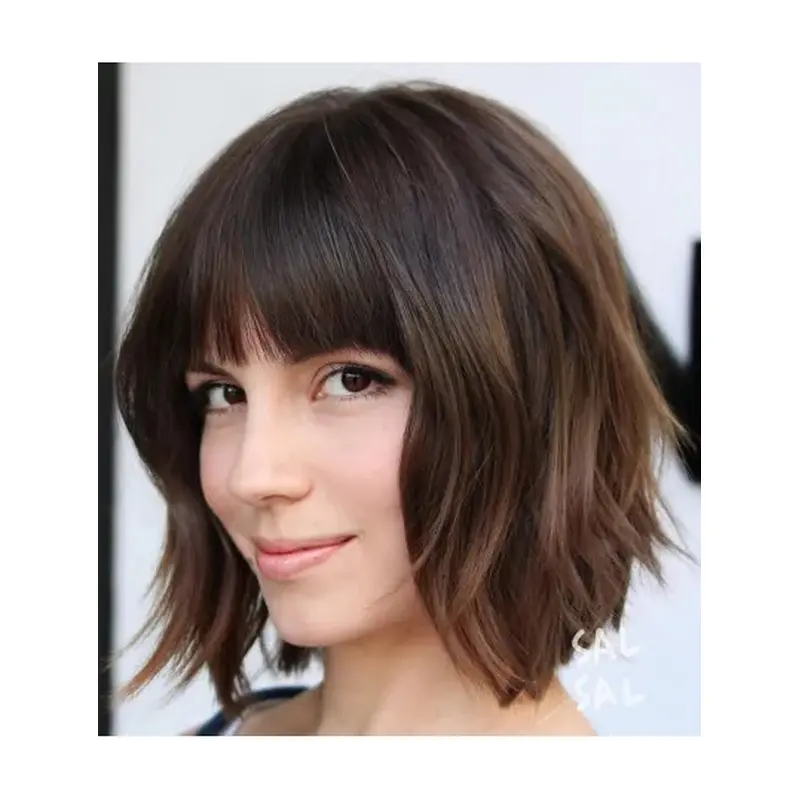 Brown Wigs With Bangs Shoulder Length Lace Front Wigs Synthetic Bob Wigs