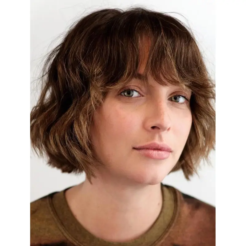 Cheap Wigs For Sale Lace Front Chin Length Brown Bobs Wavy Bangs Wigs