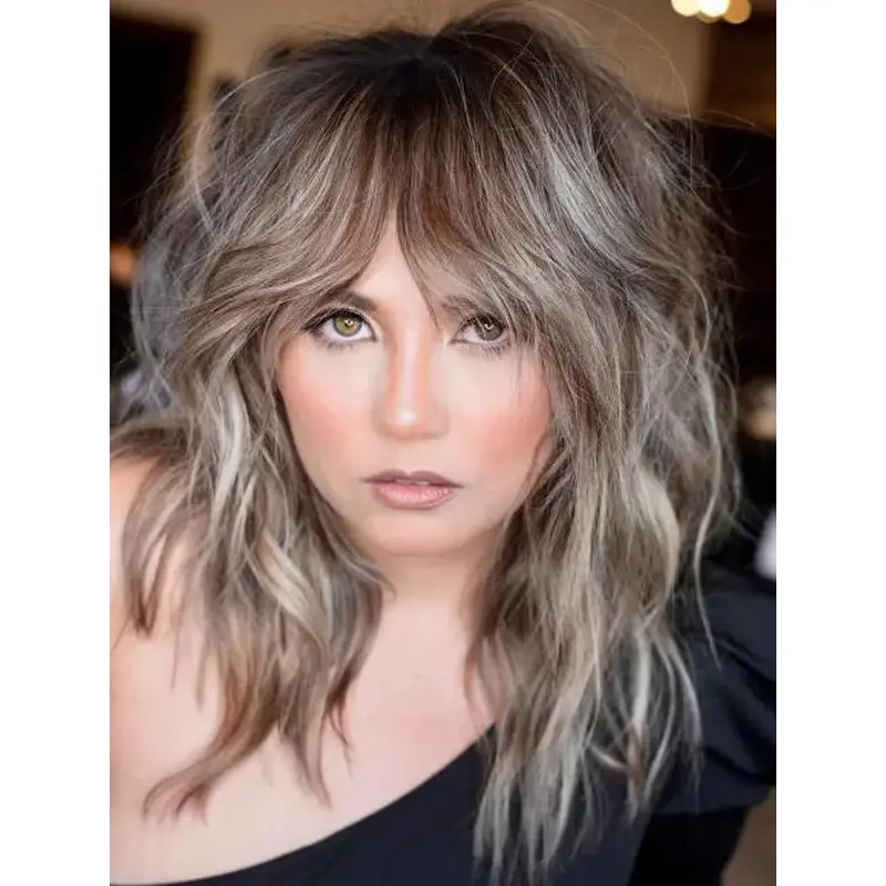 Lace Wigs Shoulder Length Wavy With Bangs Synthetic Ash Blonde Wigs