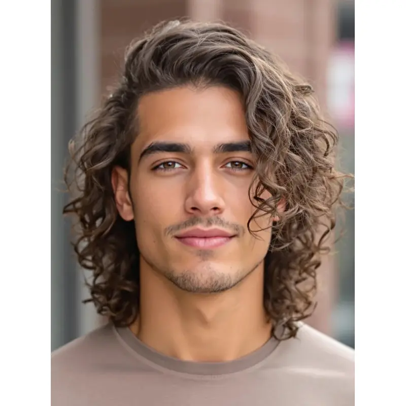 Man Wigs Curly Shoulder Length 14" Brown Synthetic Wigs