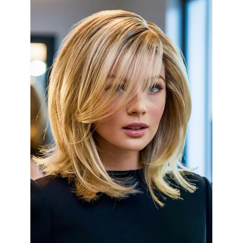 Medium Lace Front Wigs 12" Straight With Bangs Wigs