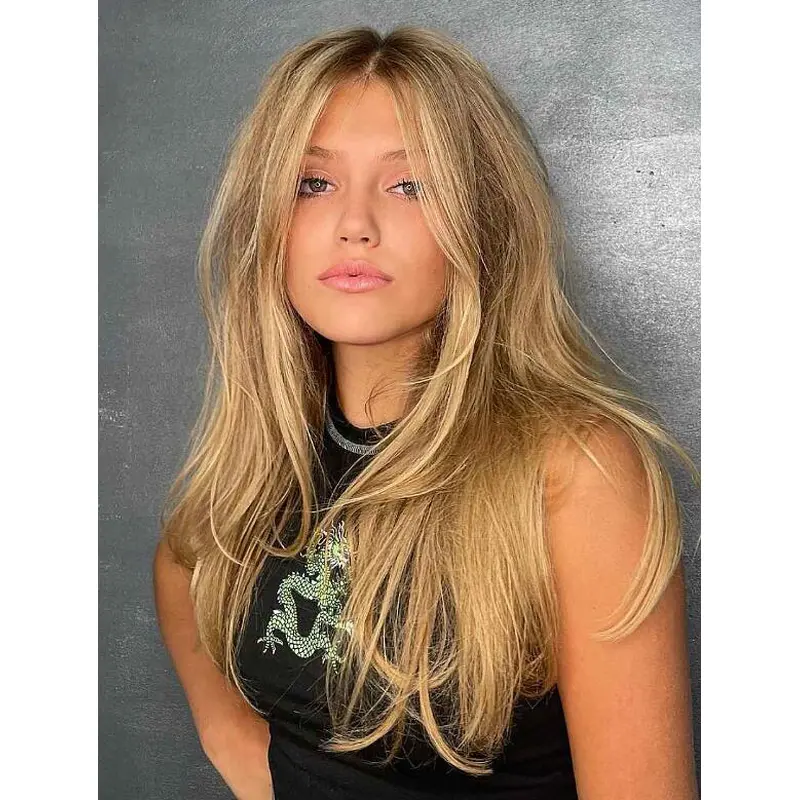 Real Human Hair Wigs Wavy Lace Front Blonde Wigs With Bangs Long Layers Wigs