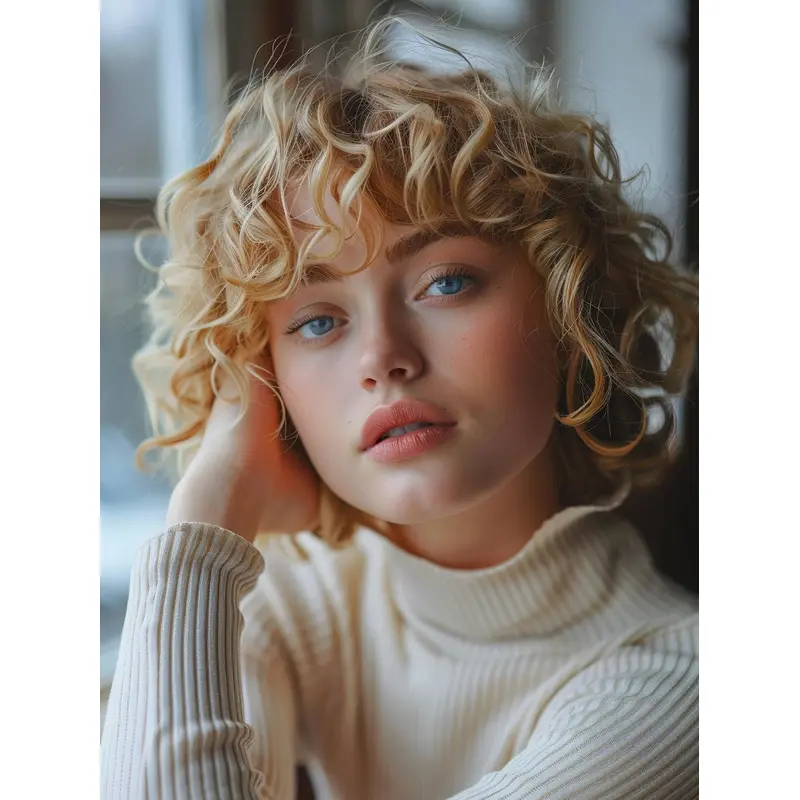 Short Curly Wig Blonde With Bangs Synthetic 8" Lace Front Wigs