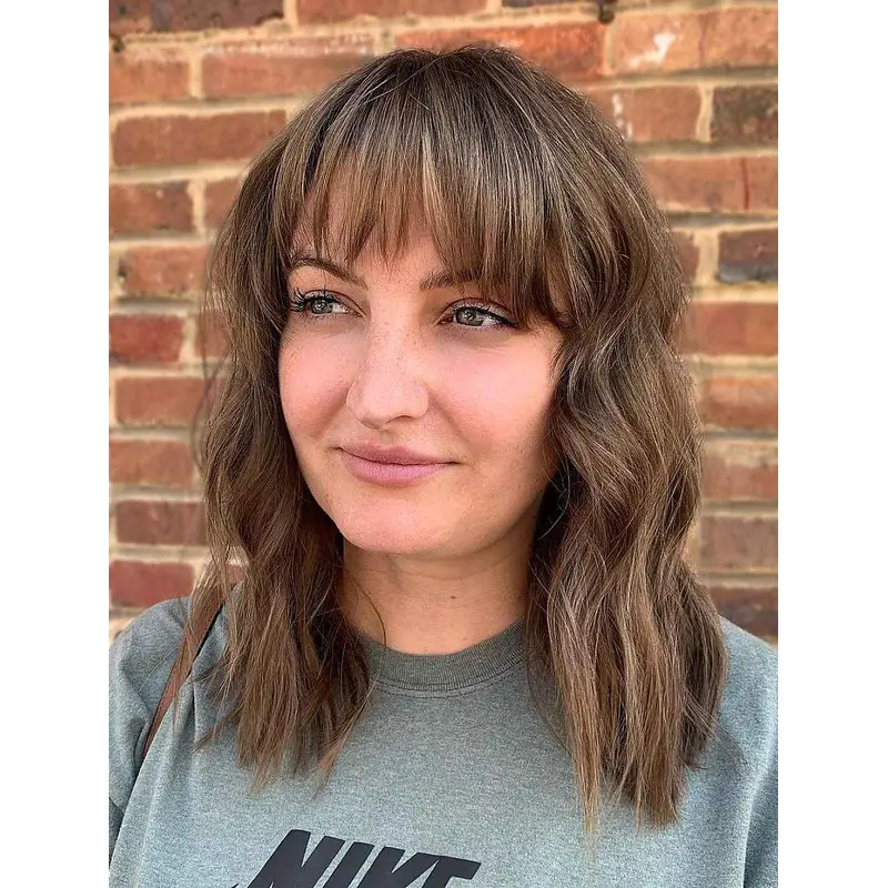 Shoulder Length Wigs With Bangs Wavy Lace Wigs Synthetic Wigs