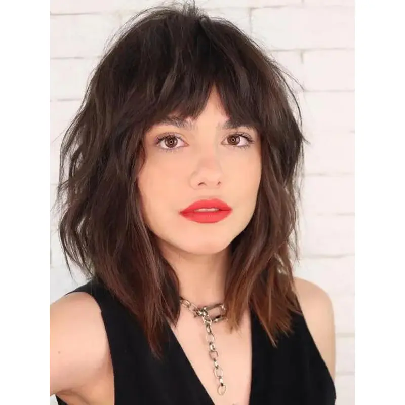 Women's Layered Wig Brown Lace Front Wavy Synthetic Thick Bottleneck Bangs Wigs