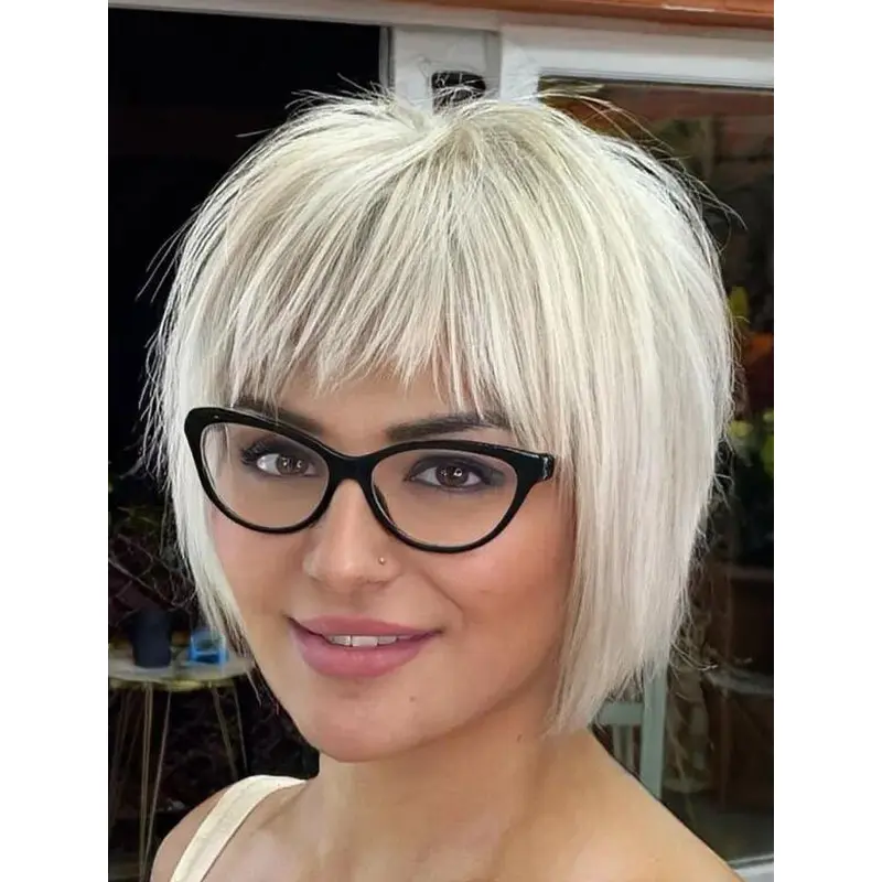 Blonde Wigs Straight Synthetic Wigs With Bangs Layered Bob Wigs