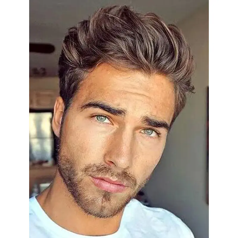 Brown Monofilament Top Wavy Short Remy Human Hair Handsome Men Wigs