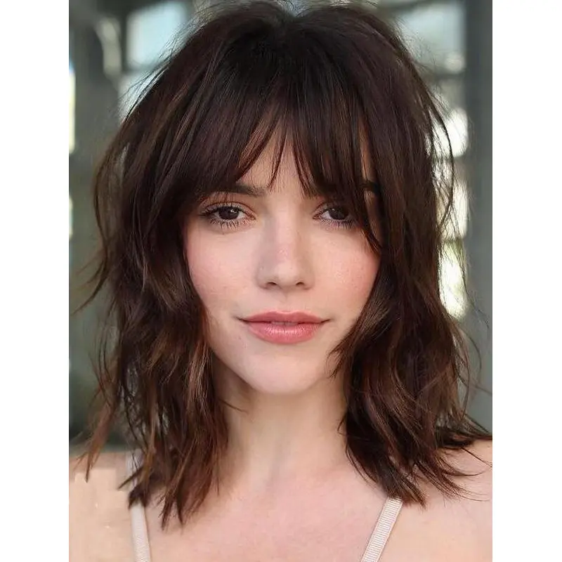 Brown Wig With Fringe Wavy Lace Front Shoulder Length Shag Bob Wigs