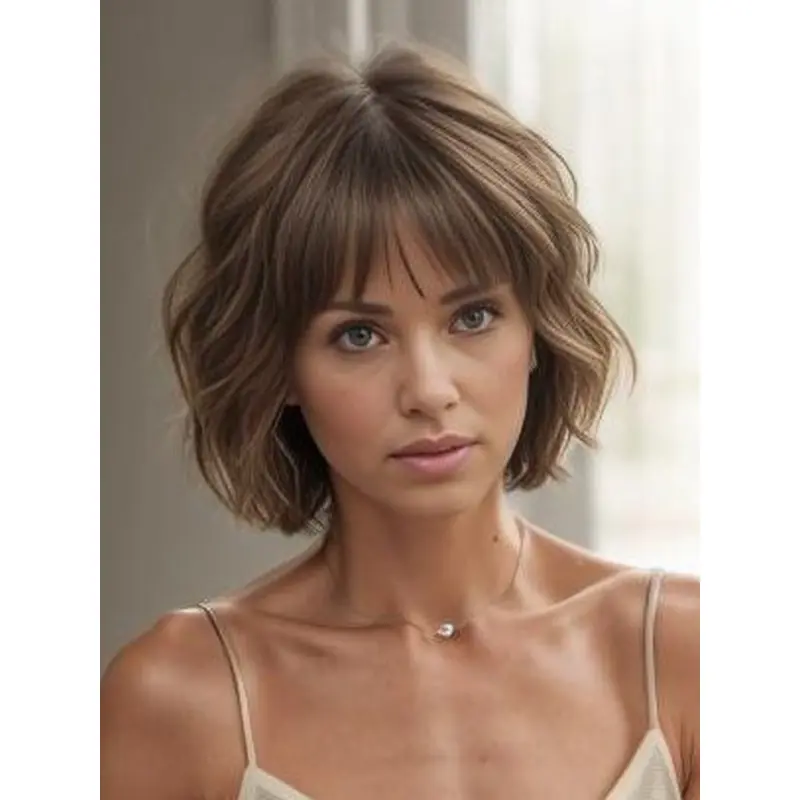 Human Hair Wavy Bob Wigs Brown 10" Chin Length Monofilament Wigs