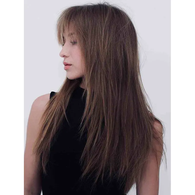Human Hair Wigs Straight Lace Front Wigs Brown Long Shag With Fringe Wigs