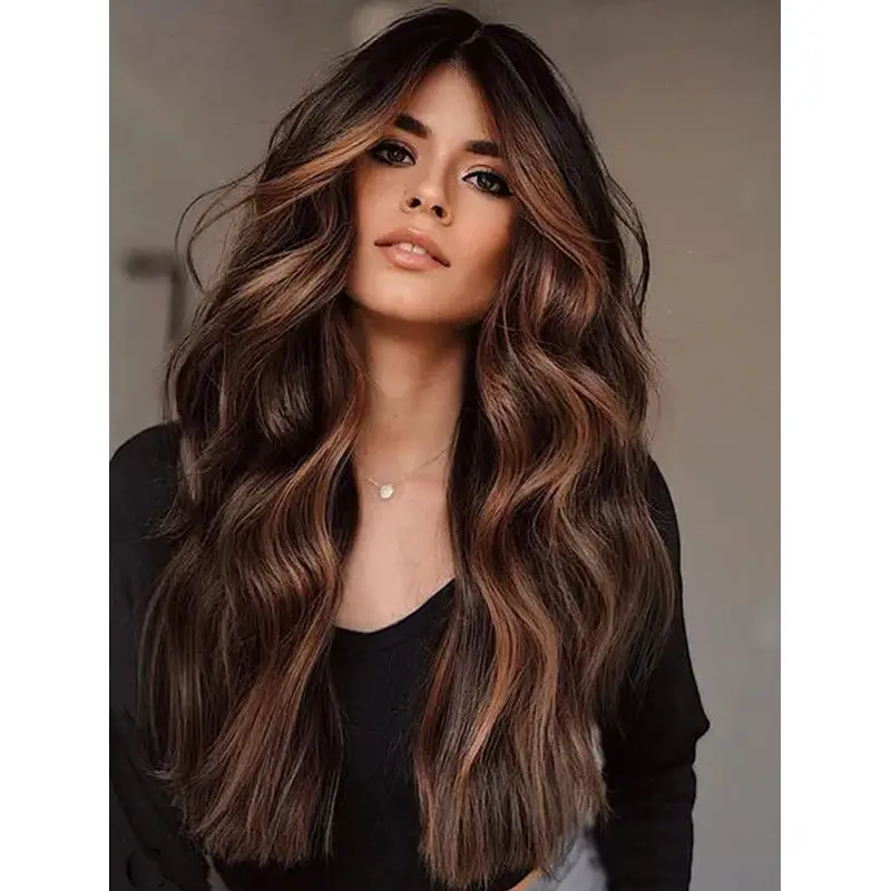 Long Brown Hair Wig Wavy Lace Front Wig Without Bangs Synthetic Long Hair Wigs