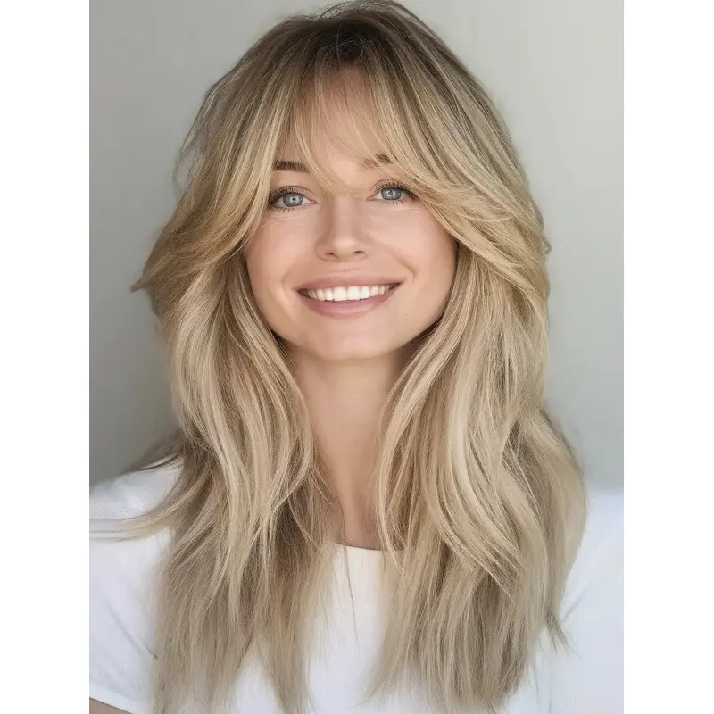 Long Human Hair Wigs With Bangs 18" Monofilament Wavy Wigs