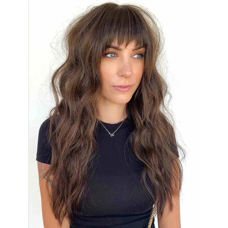 Long Wigs With Bangs Wavy Monofilament 22" Wigs