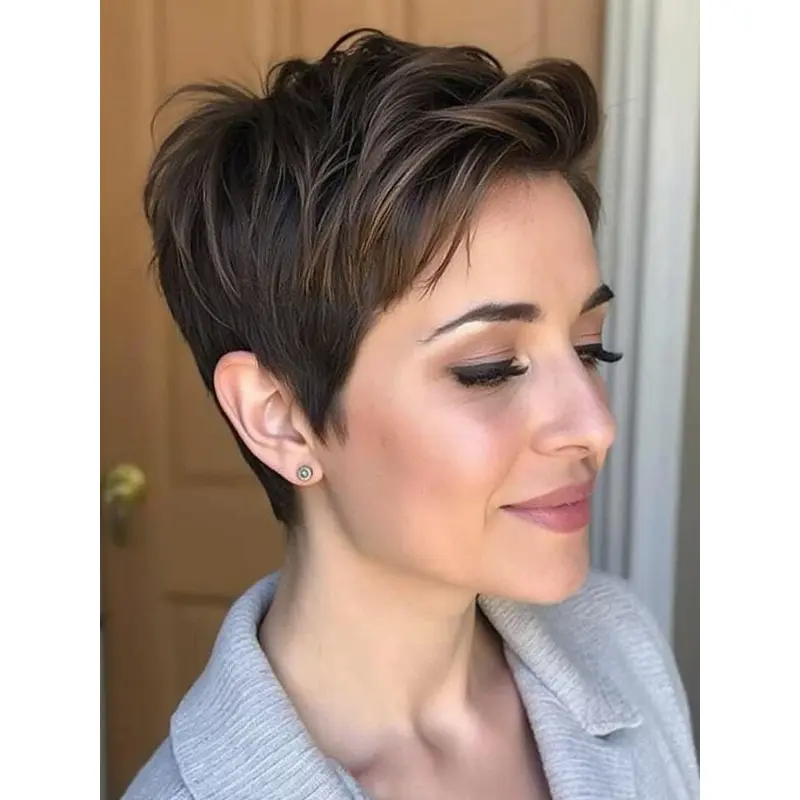 Short Pixie Wigs Brown Remy Human Hair Boycuts Lace Front 6" Straight Wigs