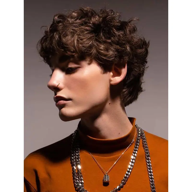 Brown Capless Curly Short Remy Human Hair Curly Jewfro Male Wigs