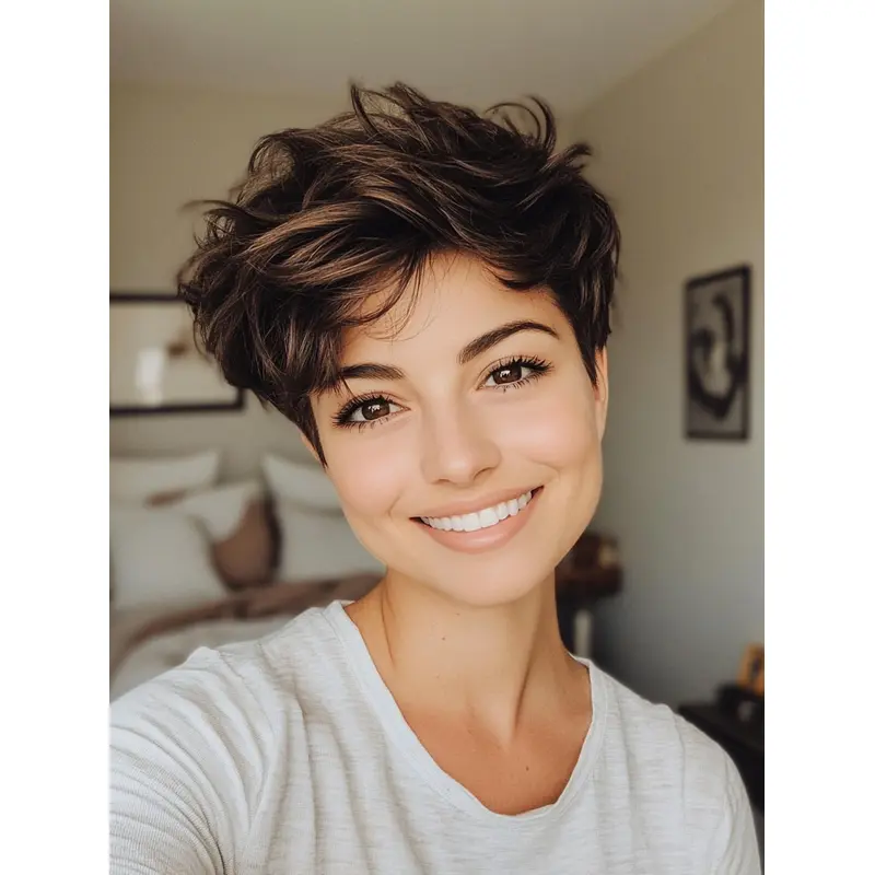 Human Hair Short Pixie Wigs 6" Boycuts Brown Monofilament Straight Wigs