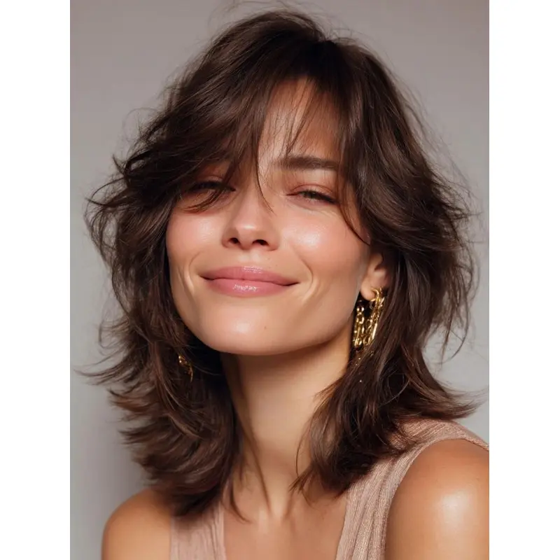 Medium Wigs For Ladies 12" Wavy Remy Human Hair Brown Wigs