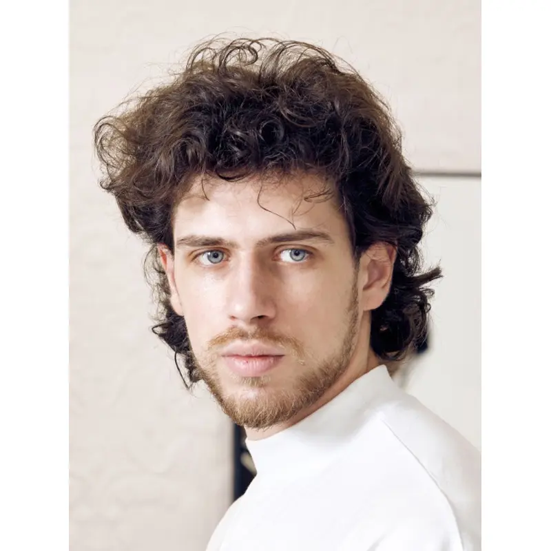 Realistic Male Wig Curly Remy Human Hair 8" Without Bangs Wigs