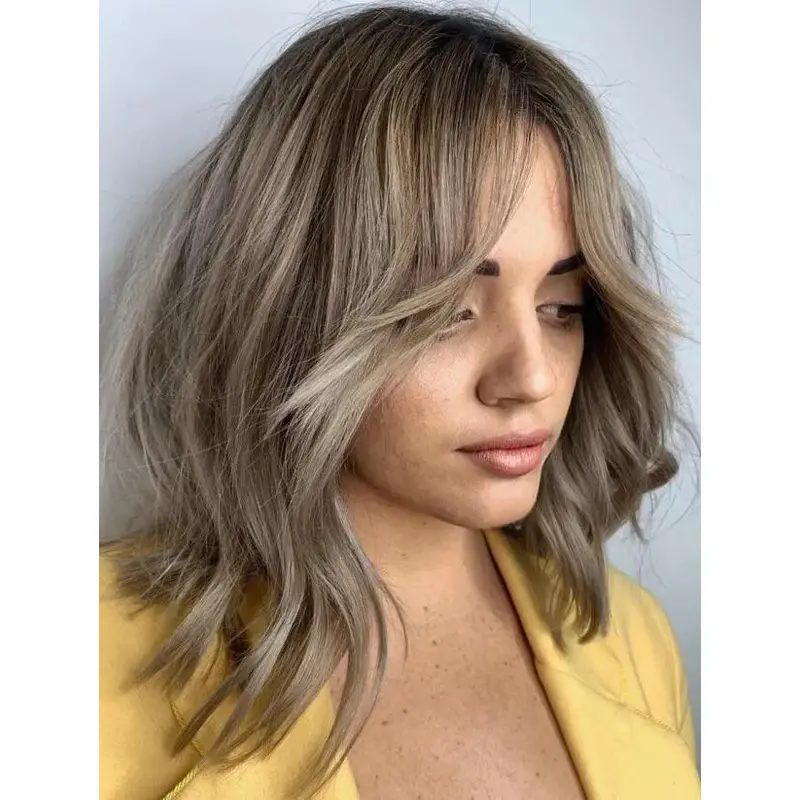 Wavy Lace Wig Blonde Shoulder Length Lace Front Wavy Synthetic Curtain Bangs Wigs