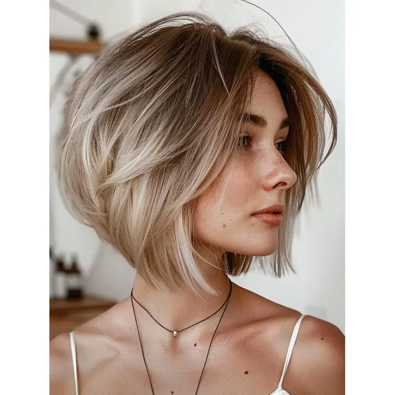 Blonde Bob Hair Wig 10" Straight Remy Human Hair Layered Wigs